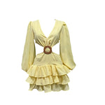 French retro simple sexy seersucker deep V leakage waist cake dress
