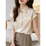 2022 Summer Blouses Shirts Women Short Sleeve Tops Solid Lapel Pockets White Shirts Office Lady Korean Female Clothing Blusas