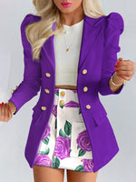 Women's Spring Long Sleeve Solid Color Jacket with Mini Skirt Two-piece Suit Tailleur Femme Blazer and Set Dress Free Shipping