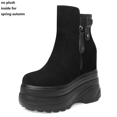 Spring Autumn Slim 14CM Super High Heels Height Increasing Platform Genuine Leather Women Mid-Calf Modern Boots Winter Plush 230