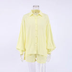 2023 New Beach Shirt Shorts Two-Piece Set Women Summer Casual Tracksuit Female Loose Long Sleeve Top Suit Lounge Wear Homewear