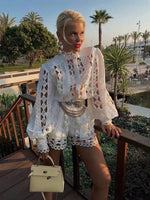 New fashion openwork stitching stand-up collar shirt+mini ladies shorts suit with heavy belt