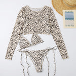 Sexy Bikini Swimwear Women Leopard Print Swimsuit 3 Piece Bikinis Sets Female O Neck Bathing Suit Beachwear Brazilian Biquinis