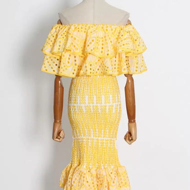 Western style, heavy industry, embroidery, hollowed-out ruffled one-word collar jacket, high elastic and slim fishtail overskirt