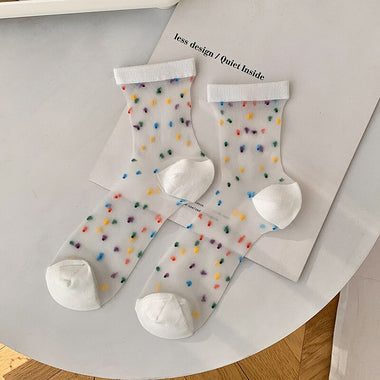 Colorful Polka Dot Crystal Silk Socks Women Summer Ultra-thin Transparent Lace Socks Japanese Kawaii Cute Elastic Long Socks Sox