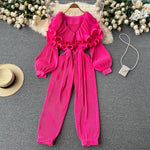 TWOTWINSTYLE Casual Jumpsuit For Women V Neck Long Sleeve High Waist Loose Solid Ruffle Trim Jumpsuits Female Fashion Clothing