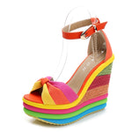 2022 Summer Wedges Sandals Elegant INS Hot Sale Rainbow Colorful Party Platform Extreme High Heels Shoes Woman Plus Size 43
