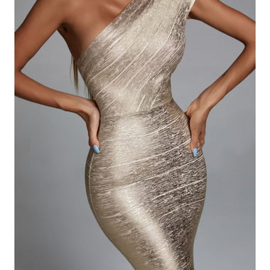 Fashion Gold Bandage Dress One Shoulder Women Mini Dresses Celebrity Party Club Bodycon Sleeveless Empire Vestidos