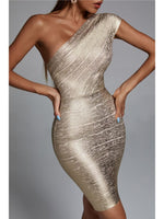 Fashion Gold Bandage Dress One Shoulder Women Mini Dresses Celebrity Party Club Bodycon Sleeveless Empire Vestidos