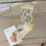 Ultra-thin Transparent Crystal Silk Socks Women Fashion Summer Harajuku Crew Socks Retro Flower Streetwear Elastic Long Socks