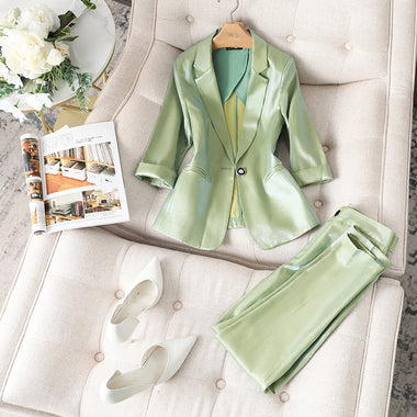 Women Satin Silk Blazers 2023 Autumn Solid Color Notched Collar Single Button Blazer Ladies OL Elegant Slim Glossy Suit Set