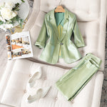Women Satin Silk Blazers 2023 Autumn Solid Color Notched Collar Single Button Blazer Ladies OL Elegant Slim Glossy Suit Set