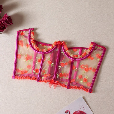 Pink Wedding Belts Sheer Sexy Lingerie Short Corset Women's Corsets Floral Bustier Luxury Lace Underbust Shapewear