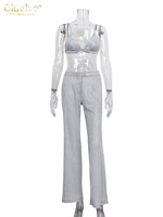 Clacive Sexy Glitter Sleeveless Crop Top Two Piece Pants Set Women Summer High Waist Pants Set Bodycon Straight Trouser Suits
