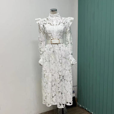 French temperament water-soluble lace single-breasted hollow long-sleeved dress