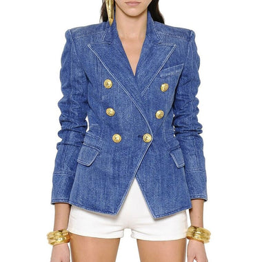 HIGH STREET New Fashion 2023 Designer Blazer Jacket Women's Metal Lion Buttons Double Breasted Denim Blazer Outer Coat