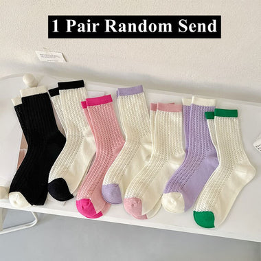 New 2023 Summer Women Socks Hollow Out Mesh Thin Breathable Cotton Long Socks Casual Fashion Solid Color School Girls Crew Socks