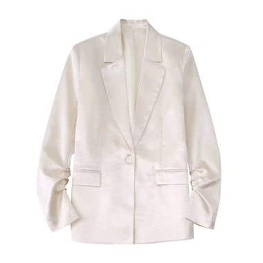 XITIMEAO Women Fashion Front Button Gathered Satin Blazer Coat Vintage Long Sleeve Flap Pockets Female Outerwear Chic Veste