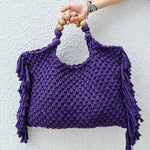 Crochet boho chic Summer fringe beach bag Macrame Tote handbag Beige blue market bag Vintage Style