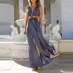 Casual Irregular Solid V Neck High Waist Vestidos Sexy Sleeveless Hollow Out Maxi Dress Women Summer Elegant Split Party Dresses