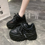 Women Autumn Breathable Mesh Chunky Sneakers 8CM Heels Thick Sole Casual Vulcanized Shoes High Platform Leather Sneakers Woman