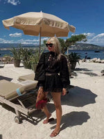New fashion openwork stitching stand-up collar shirt+mini ladies shorts suit with heavy belt