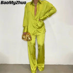 2023 Elegant Satin Women's Matching Sets Casual Long Sleeve Shirt Straight Pants Suit Female Loose Solid Tops Two Pieces Outfits
