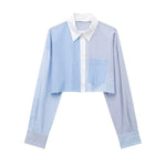 TRAFZA Lazy Wind Fashion Vintage Patchwork Blue Long-Sleeved Striped Shirt Wide Leg Pants Shorts Female