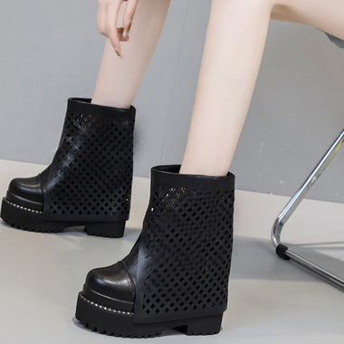 Summer New Fashion Slim Height Increasing Platform Cut Out Hollow Genuine Leather Women Ankle Short Modern Trouser Boots 230329