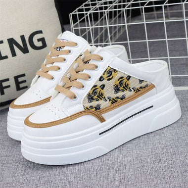 8cm Canvas Half-slippers Women's Outerwear Summer New Thick-soled Inner Height Increase  No Heel Slip-on Sneakers White Sandals