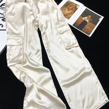 [YOZOU] Luxury Silk Gorpcore Solid Pink Drawstring Fluid Baggy Cargo Pants Women Black Beige Gray Streetwear Trousers Bottoms