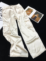 [YOZOU] Luxury Silk Gorpcore Solid Pink Drawstring Fluid Baggy Cargo Pants Women Black Beige Gray Streetwear Trousers Bottoms