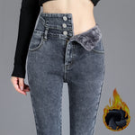 Women Winter Thicken Velvet Lined Skinny Denim Pants Streetwear Casual Pencil Jeans High Waist Warm Button Fly Stretch Vaqueros