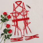 Ellolace Naked Open Crotch Bodysuit Sexy Lingerie Women Body Paychwork Tight Fitting Outfit Tulle Nude Lace Top With Garter