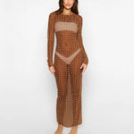 Fashion Sexy Hot Diamond Blouse Mesh Dress Perspective Pin Bead Sundress Wrap Hip Skinny Sheath Long Sleeve Beach Solid Dresses