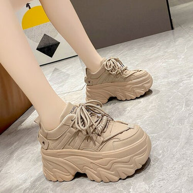 Autumn Women Chunky Sneakers Breathable Leather Casual Shoes 8CM Wedge Heels Platform Shoes Chaussures Femme Sports Dad Shoes