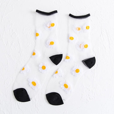 Flower Embroidery Crystal Silk Socks Summer Ultra-Thin Transparent Women Socks Mesh Fishnet Lace Harajuku Retro Crew Socks Women
