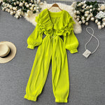 TWOTWINSTYLE Casual Jumpsuit For Women V Neck Long Sleeve High Waist Loose Solid Ruffle Trim Jumpsuits Female Fashion Clothing