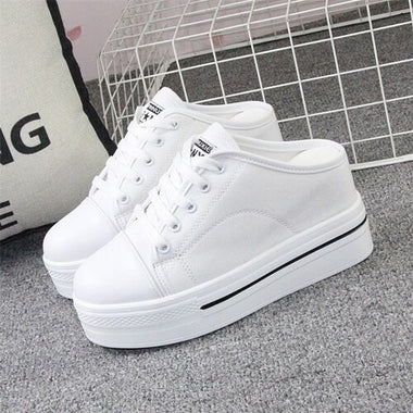 Elegant Black White Canvas Platform Wedge Slippers Women Mules Shoes Leisure Stealth Increase Slippers Woman Closed Toe Sandals