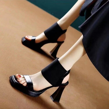 Designer Knitted High Heels Sandals Women Summer 2023 Square Toe Thick Heeled Sandals Woman Sexy Slingbacks Black Party Shoes