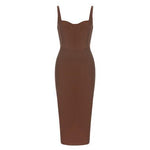 2023 Summer Brown Color Sexy V-Neck Spaghetti Strap Midi Dress Graceful Woman Bodycon Rayon Bandage Dress Evening Party Outfit