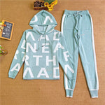 Fashion Autumn Women 2 Pieces Sets Casual Letter Print Patchwork Loose Knitted Sweater Sports Harlan Pants Suits Spring