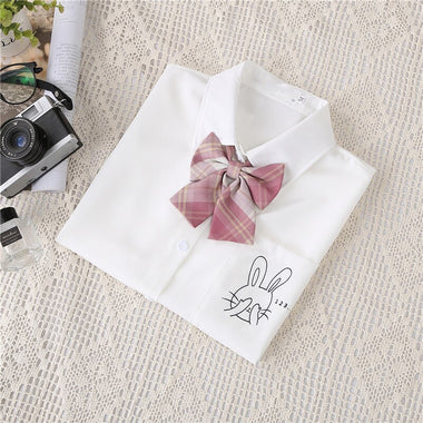 Women White Blouses Shirts Short Sleeve Print Rabbit Lapel 2023 Summer Tops Female Clothing Preppy Style JK Uniform Blusas