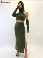 Tawnie Hooded Skirt Set Sexy Two Piece Set Long Skirt And Crop Top Backless Off Shoulder Split Summer Fashion Women Slim Vestido