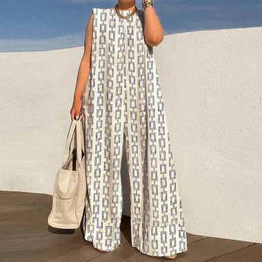 Wide Leg Pants Loose Fit Jumpsuits Women Summer O-Neck Sleeveless Printing Playsuits Patchwork Loungewear Rompers Dropshipping