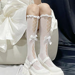 Jk Tie Lace Fishnet Stockings for Women Lolita Middle Tube Socks Sexy Straps Bandage Ribbon Japanese Over Knee Long Socks Party