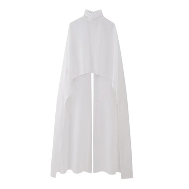 TRAF Women Fashion Asymmetric Gauze Semi-sheer Cape Coat Vintage High Neck Back With Button Female Outerwear Chic Clothing