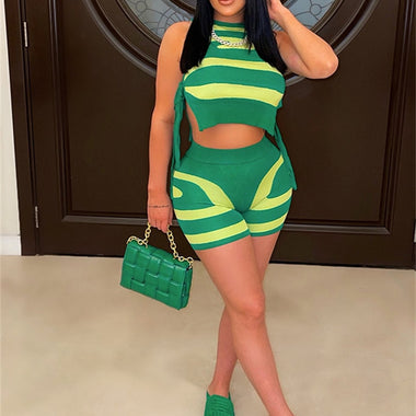 FQLWL Summer Apricot Bodycon Pink Stripe 2 Two Piece Sets Casual Vacation Outfits For Women 2023 Green Sexy Booty Shorts Set