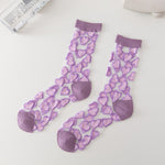 Heart Print Crystal Silk Socks Women Summer Ultra-thin Transparent Elastic Long Socks Casual Fashion Harajuku Kawaii Cute Socks