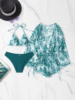 3 Pieces Bikini Tropical Print Swimsuit Halter Drawstring Side Swimwear Women 2023 Bathing Suit Female Swimming Summer Beachwear